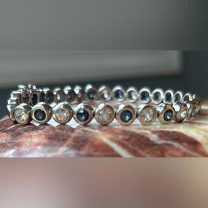 Vintage Sterling 925 Silver Bezel Set Blue and White Sapphire Tennis Bracelet